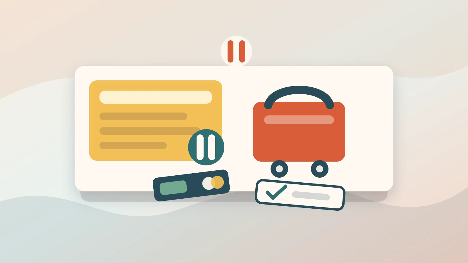 Desk scene with a wallet, shopping basket, pause symbol, and checklist for delaying impulse purchases