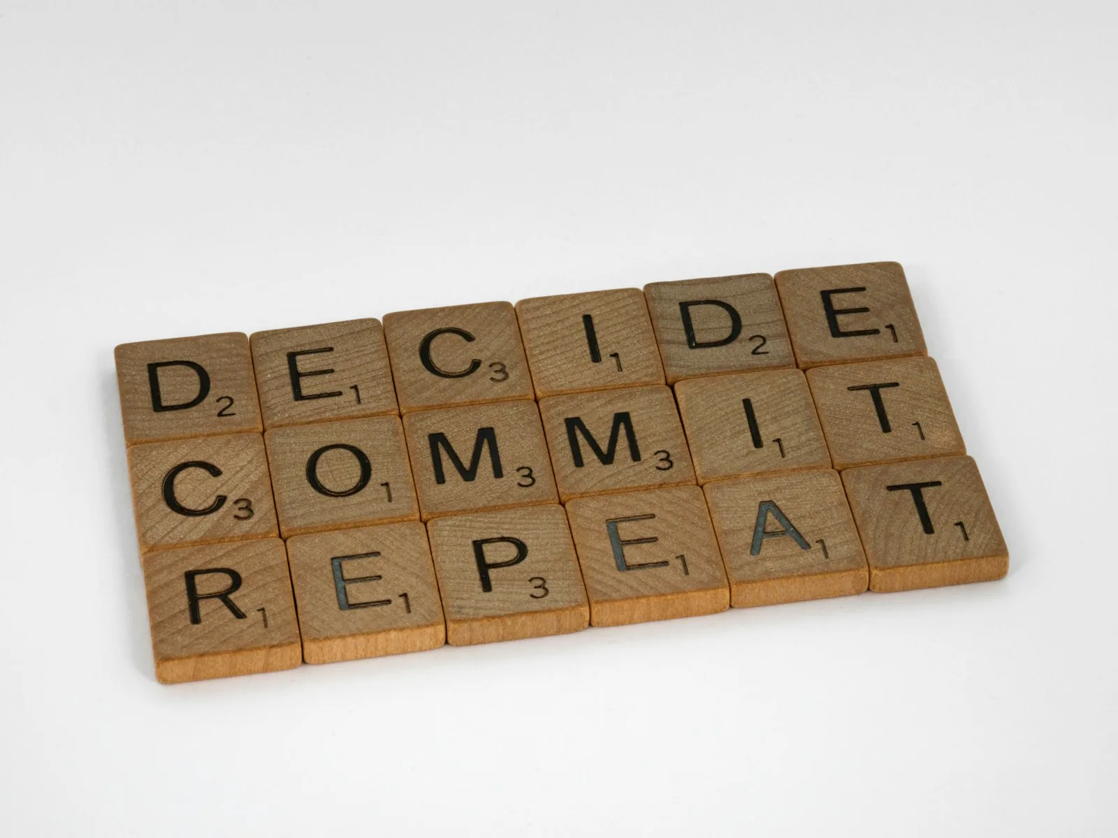 Image with three words written over wooden blocks: “DECIDE”, “COMMIT” and “REPEAT”