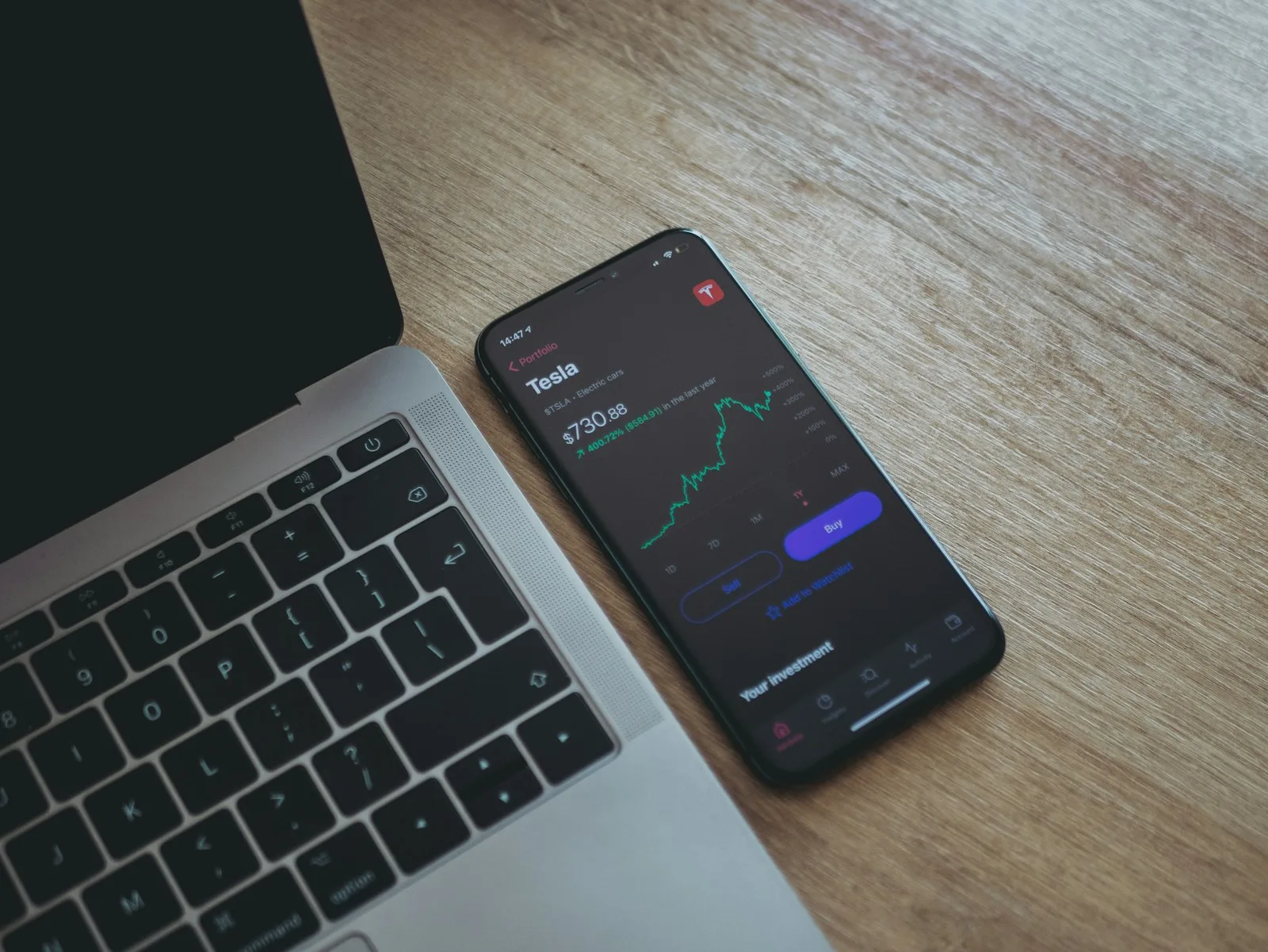 A mobile screen showing the trend of a person’s investment in the stock market