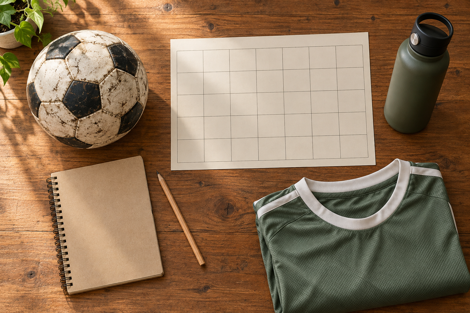 Soccer ball, folded jersey, water bottle, pencil, and blank season calendar on a wooden table