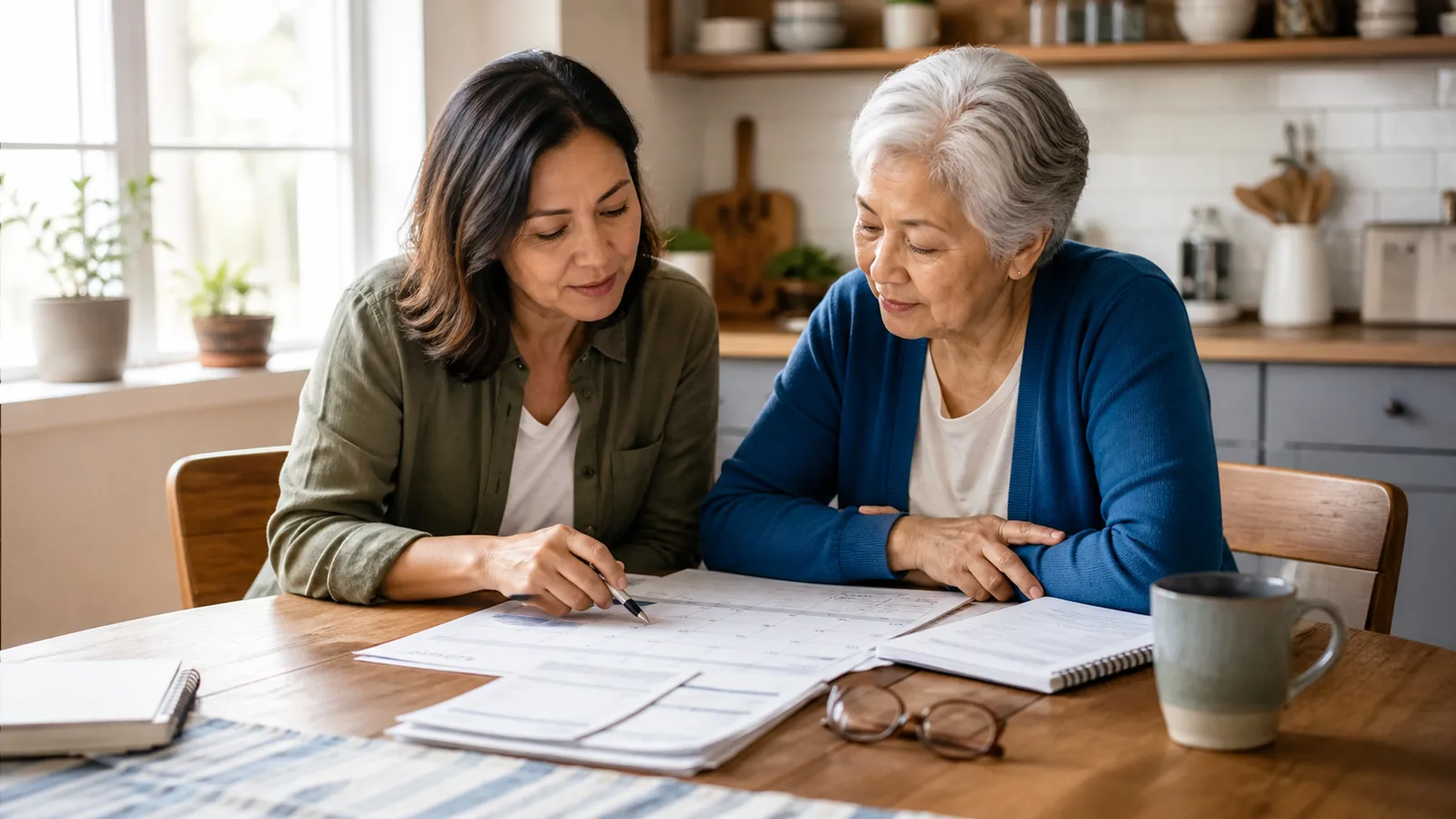 Adult child and aging parent reviewing a calendar, bills, notebook, glasses, and mug at a kitchen table