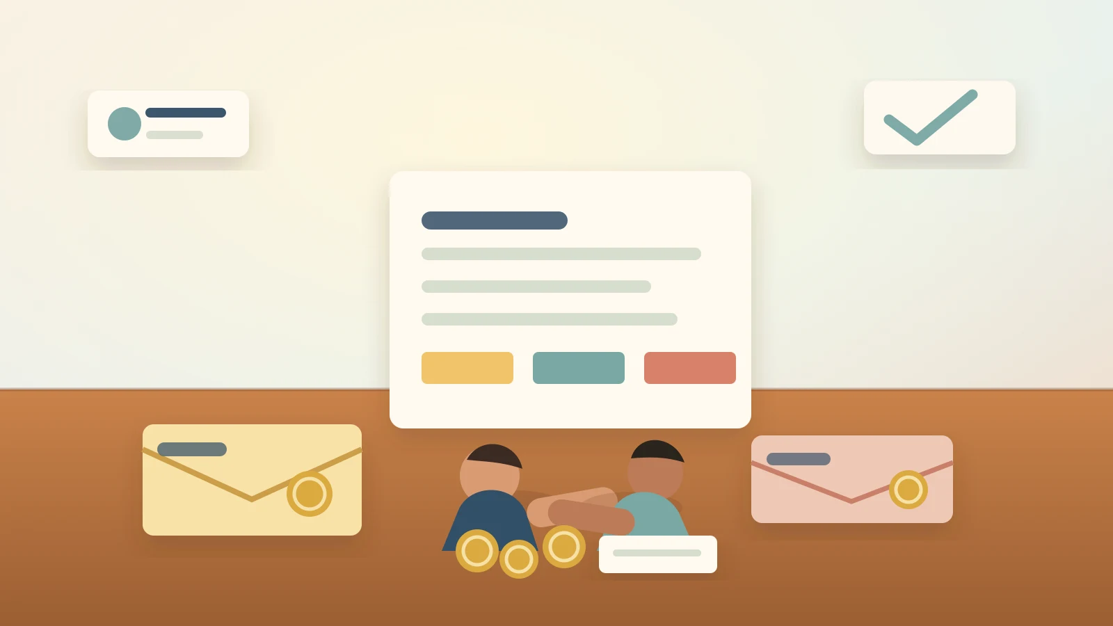 Parent and child sorting coins, small envelopes, and a weekly allowance checklist at a kitchen table