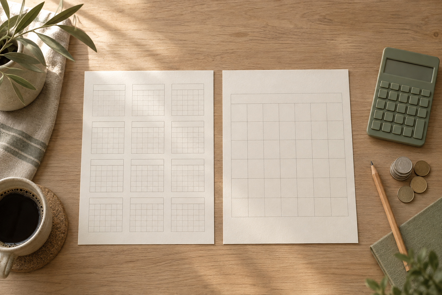 Overhead view of two unmarked calendar pages, a calculator, pencil, and small coins on a neutral desk, illustrating monthly and annual subscription choices