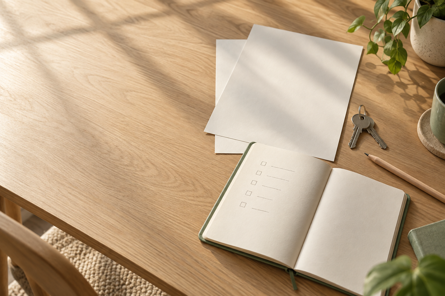 Rental search notebook with a short cost checklist, house keys, and blank application papers on a sunlit desk