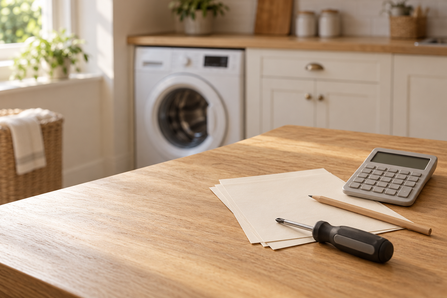 Blank papers, pencil, calculator, and screwdriver on a wooden counter with a washing machine in the background