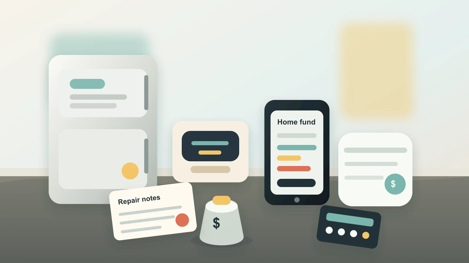 Kitchen counter with a small appliance, savings jar, repair notes, calculator, and phone budget tracker