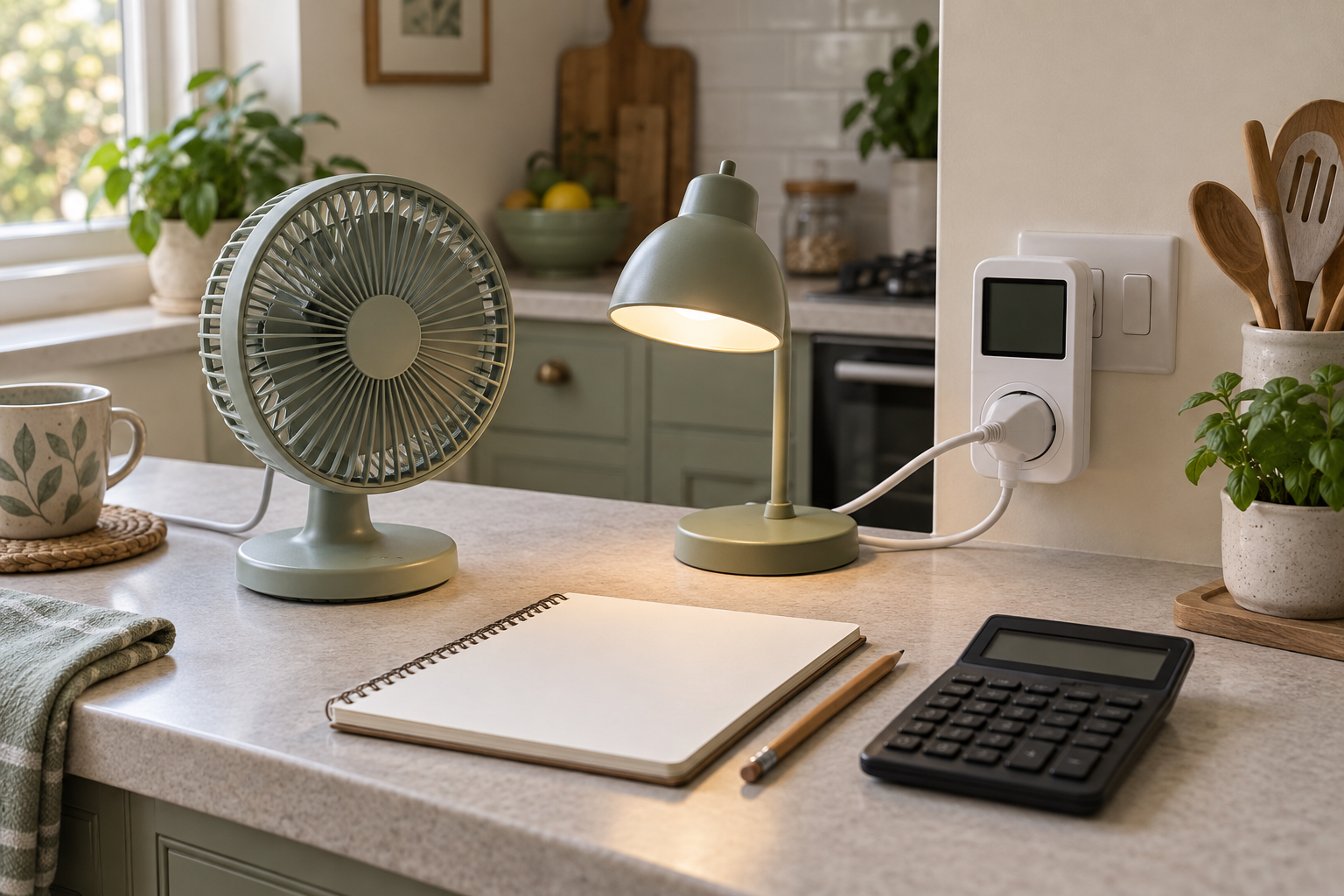 Small fan, desk lamp, plug-in power meter, blank notebook, pencil, and calculator on a sunlit kitchen counter
