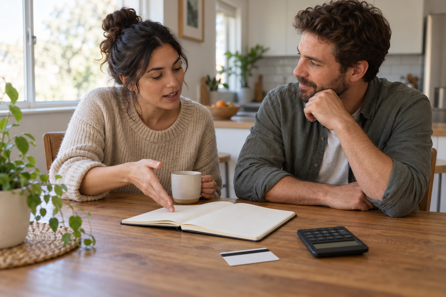Two adults reviewing a household spending notebook beside a blank credit card and calculator at a kitchen table