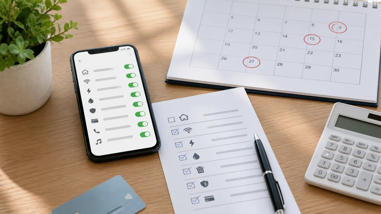 Desk with a phone showing automatic payment toggles, a bill checklist, circled calendar dates, debit card, calculator, and pen