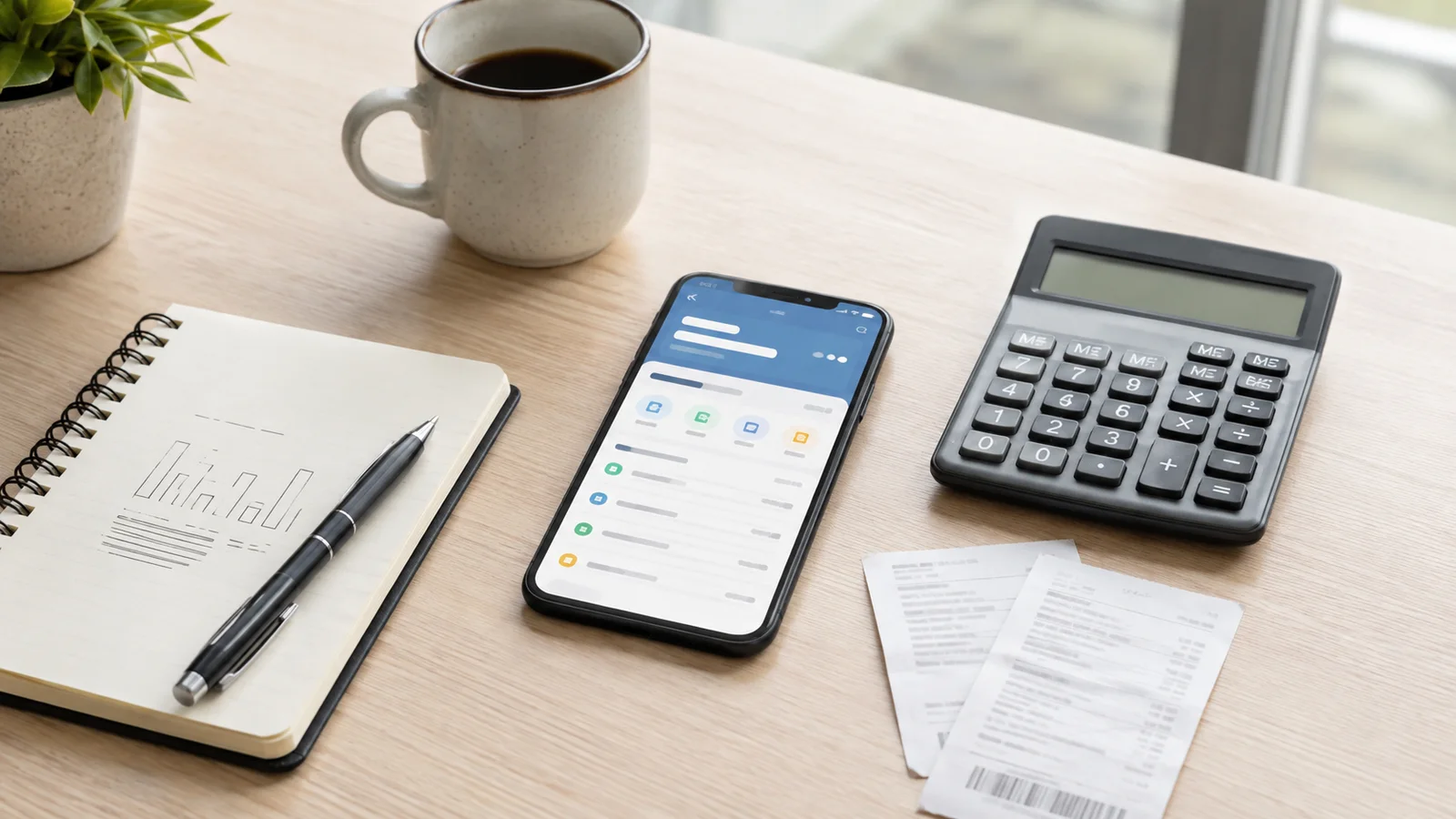 Phone with a generic banking screen beside a calculator, notebook, receipts, and pen for reviewing pending transactions