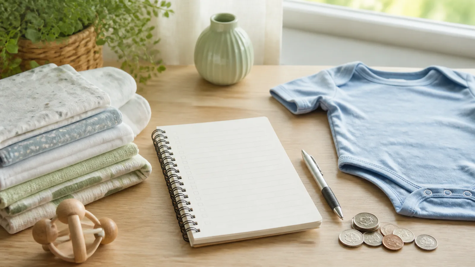 Notebook checklist, baby clothes, folded cloths, pen, and coins on a bright nursery desk