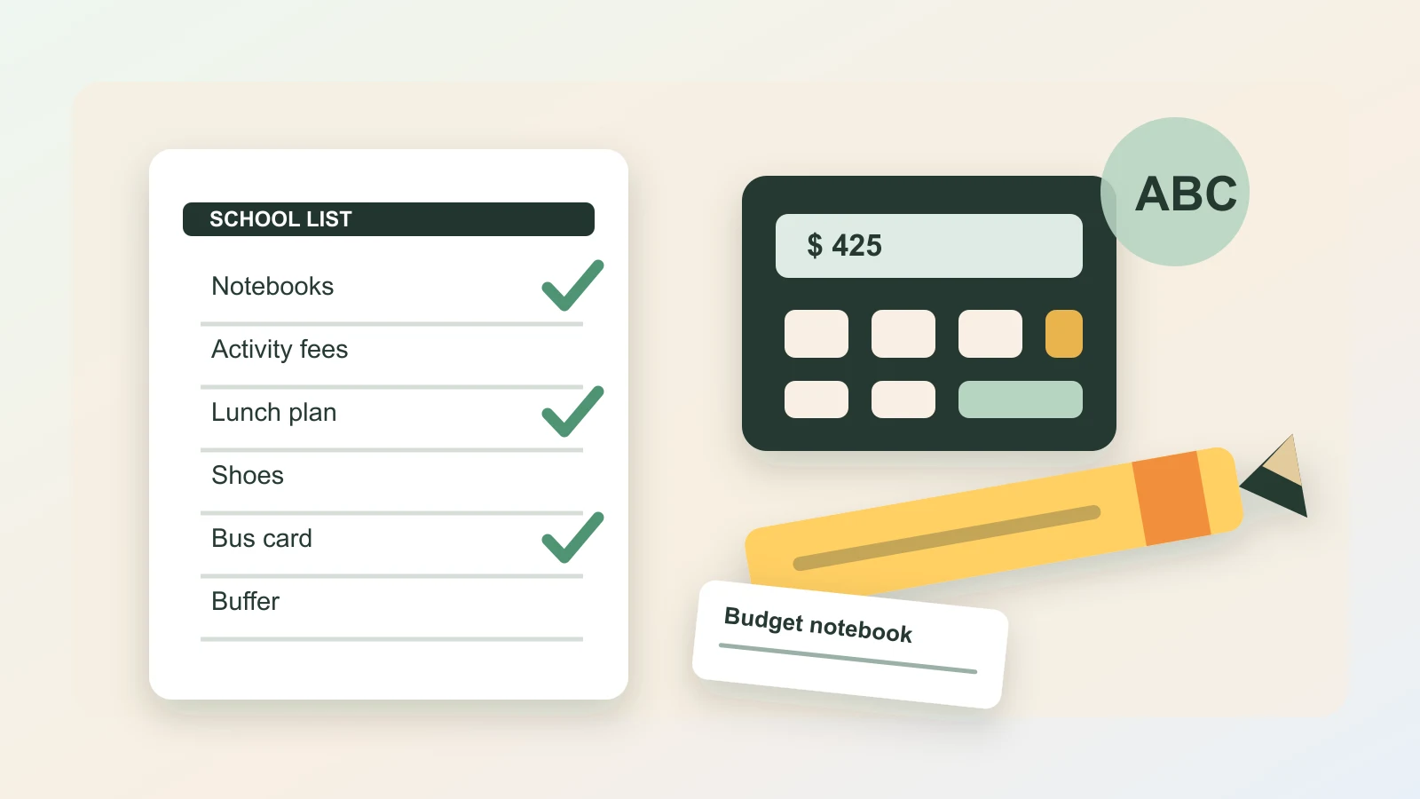 A kitchen table with a school supply list, notebooks, pencils, a calculator, and a family budget notebook