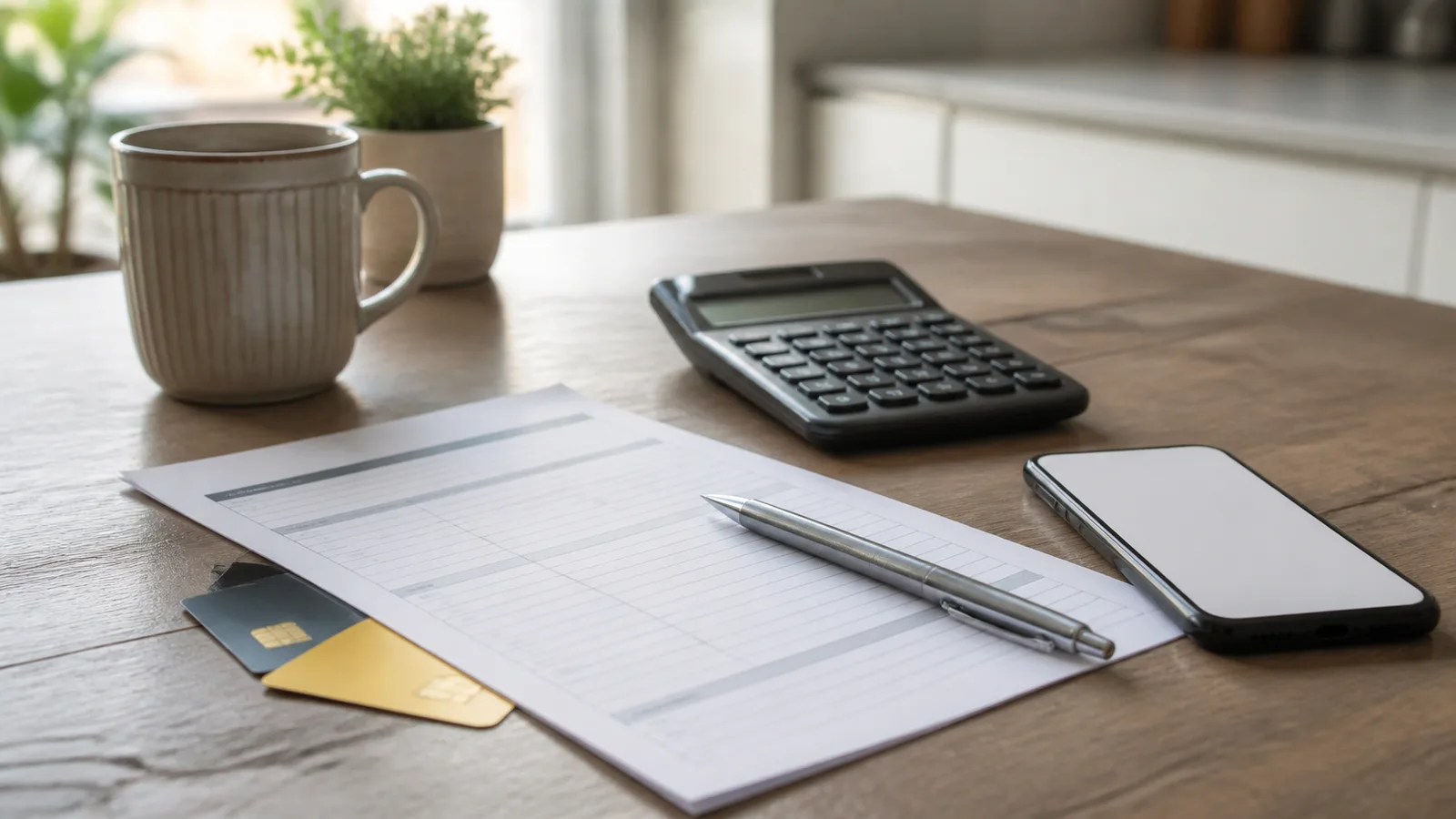 Credit cards, a calculator, a blank phone, and a budget worksheet on a sunlit wooden table