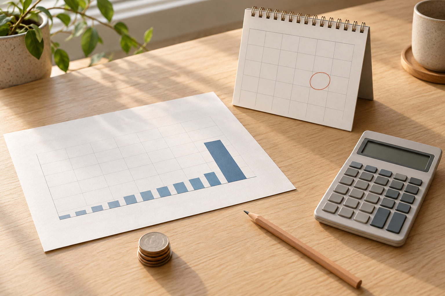 Blank payment worksheet with rising blue bars beside a calculator, coins, pencil, and desk calendar with a date circled