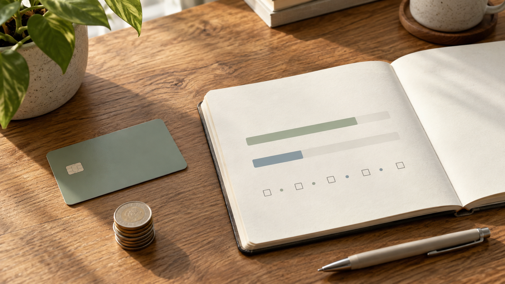 Unbranded bank card beside a notebook comparing an account balance floor with upcoming bill dates, on a quiet desk