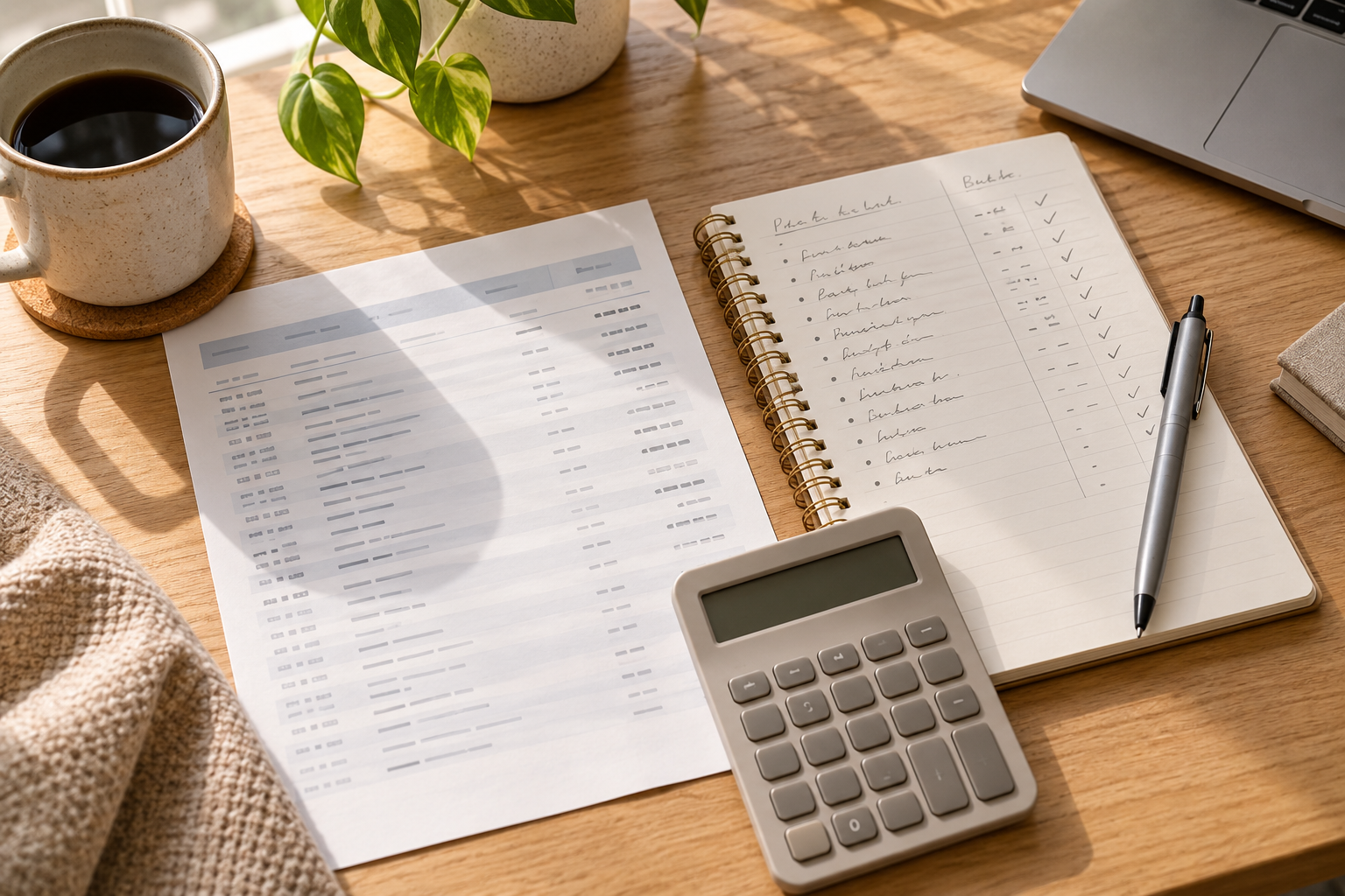 Bank statement and handwritten expense ledger with matched transactions, calculator, and pen on a sunlit desk