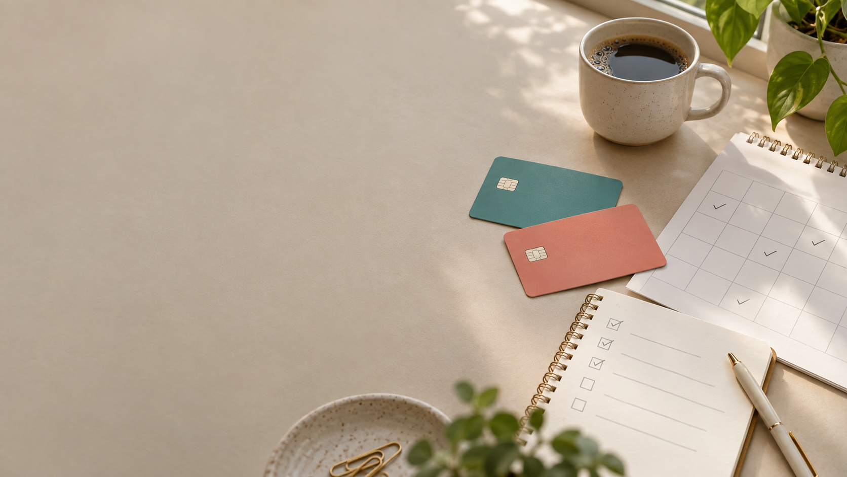 Two unbranded debit cards beside a checked paper calendar and a notebook on a sunlit desk