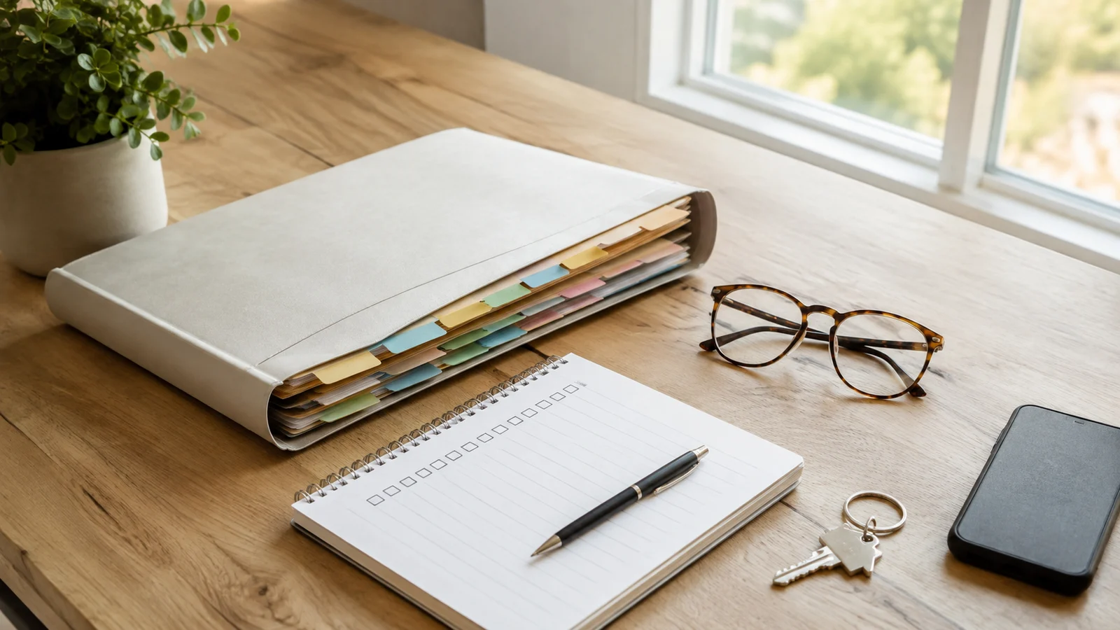 Folder with organized tabs, checklist notebook, pen, eyeglasses, house key, and phone on a bright desk