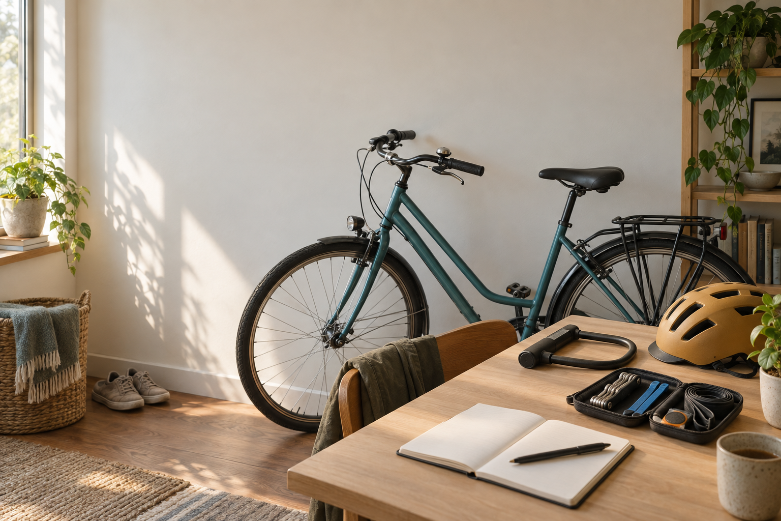 Commuter bicycle beside a helmet, U-lock, repair kit, and blank budget notebook in morning light
