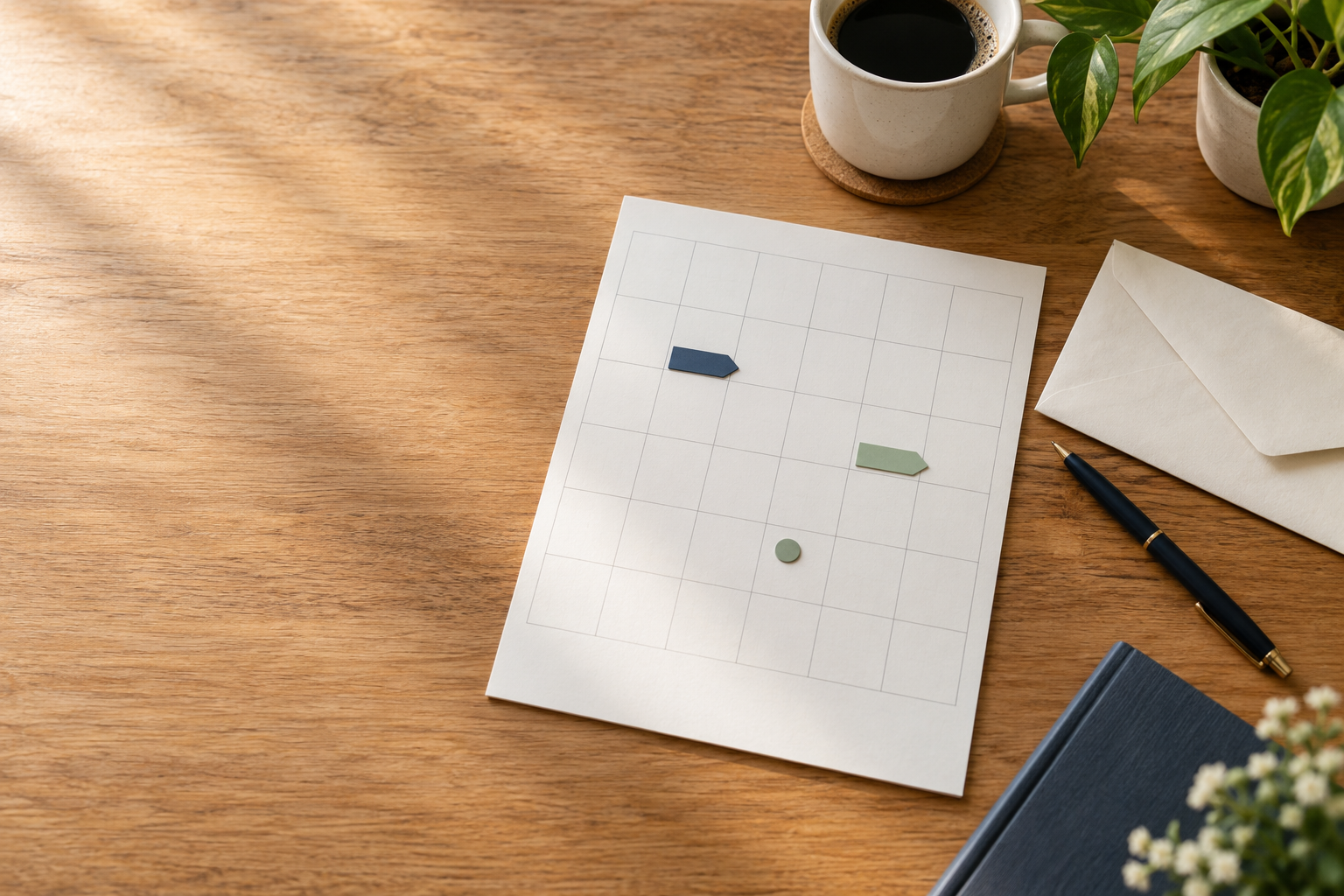 Blank paper calendar with two colored date tabs, a closed envelope, pen, and coffee on a wooden desk