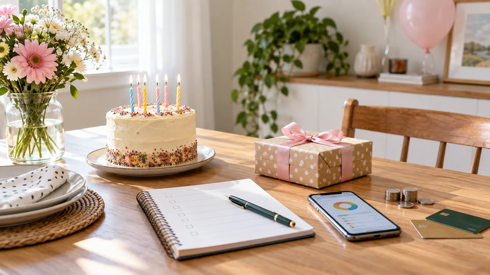 A birthday cake, wrapped gift, checklist, phone, cards, and coins arranged on a bright dining table for celebration planning