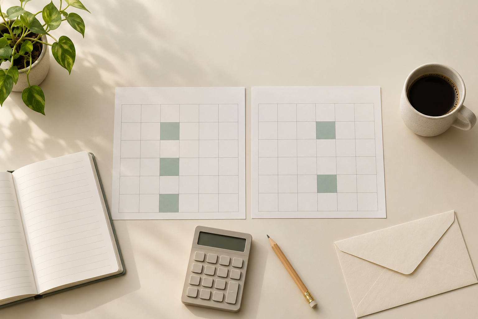 Two paper pay calendars with marked deposit dates beside a notebook, calculator, pencil, and envelope on a sunlit desk