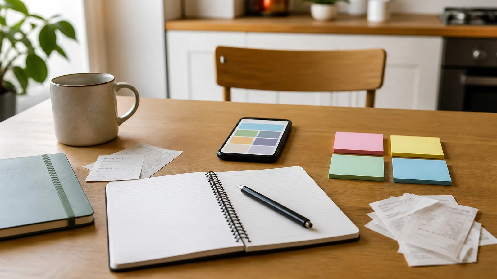 Calm kitchen table with a notebook, pen, receipts, sticky notes, and a phone showing simple budget categories