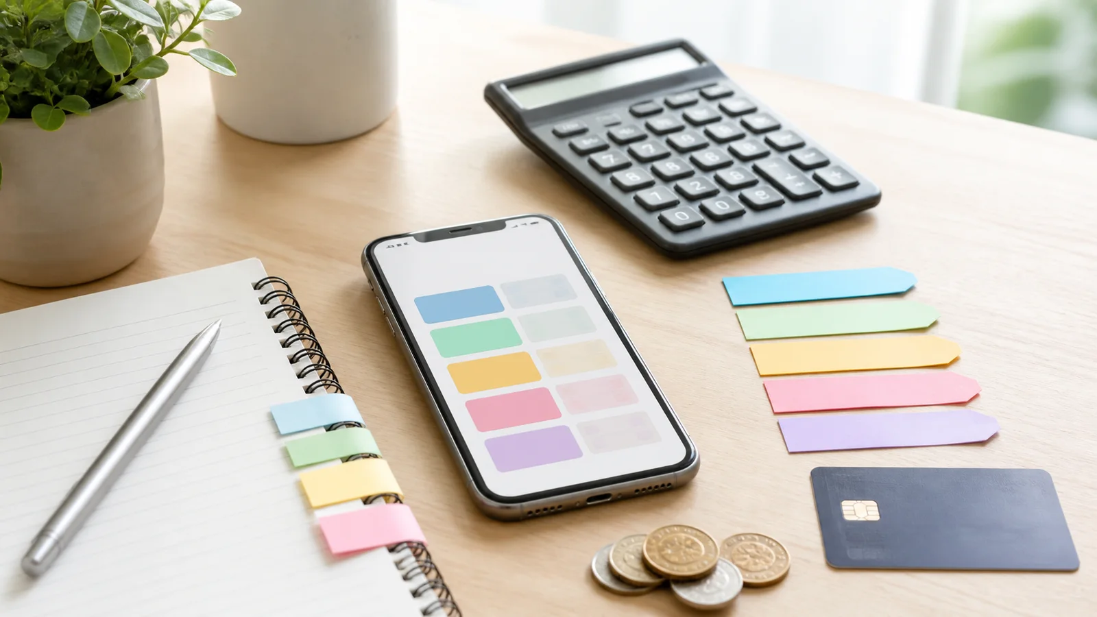 Notebook, calculator, coins, debit card, and phone with abstract colored budget category blocks on a bright desk