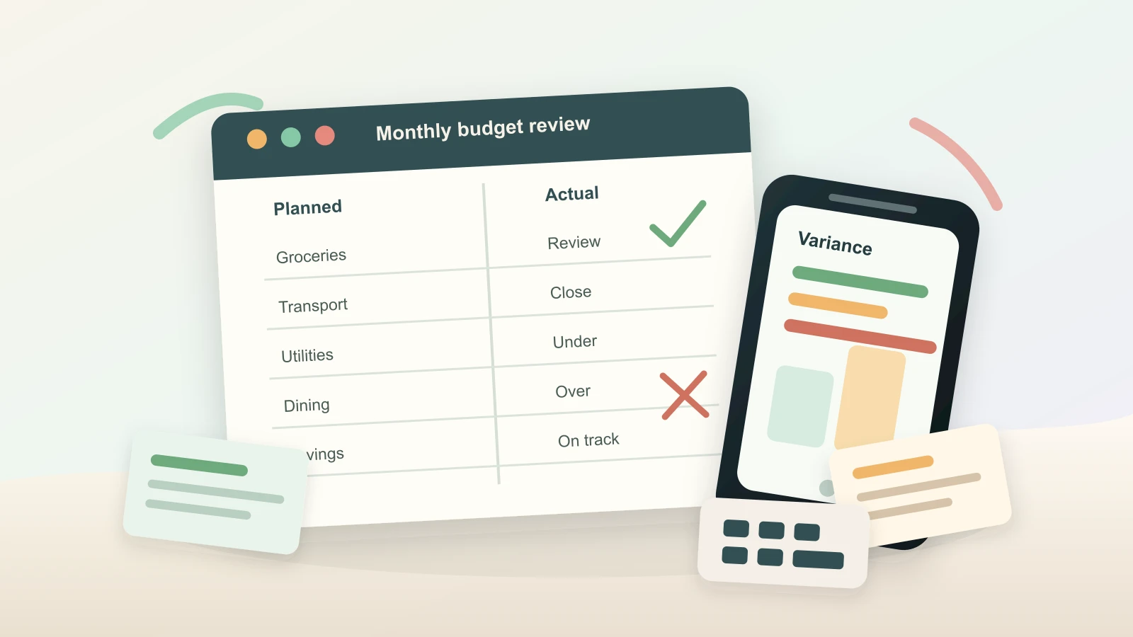 Notebook with planned and actual spending columns beside a phone, calculator, and marked budget review cards