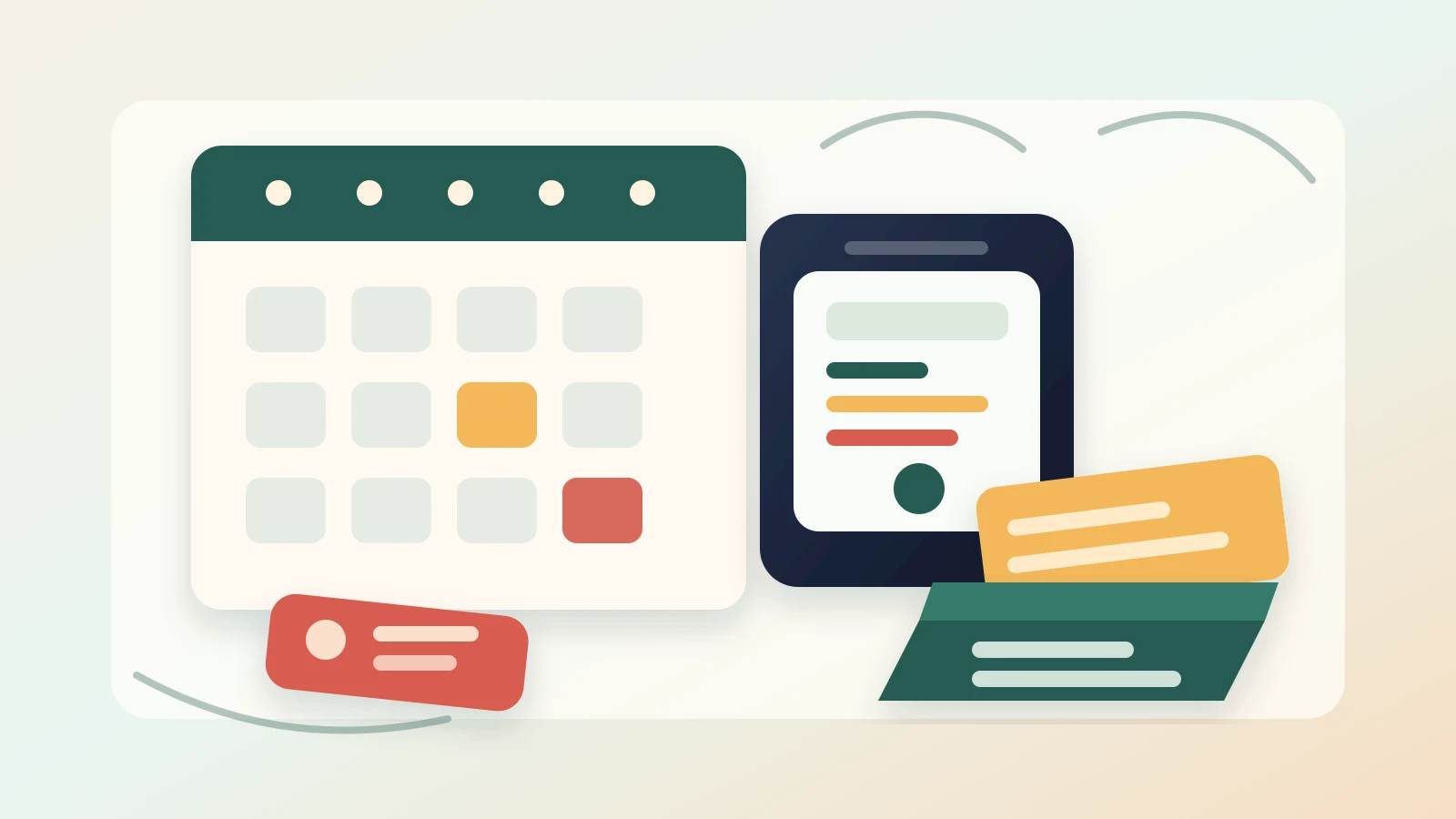 Desk with a weekly calendar, grocery note, transit card, phone, and small budget envelopes for planning a busy week