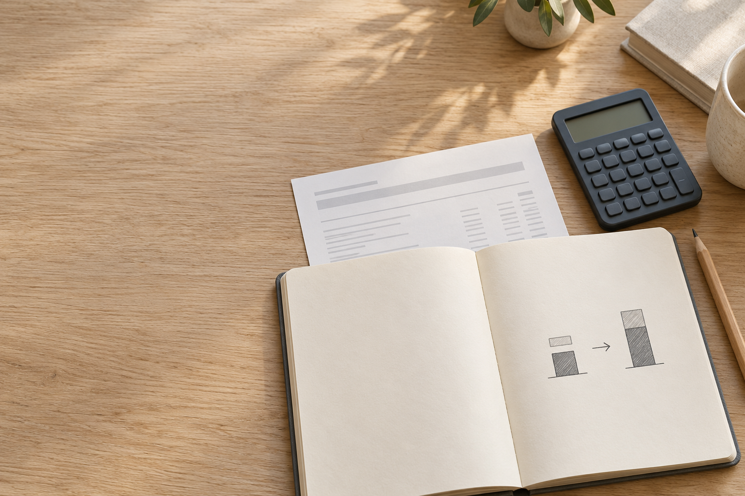 Notebook with a simple loan balance sketch beside a calculator and pencil on a warm desk