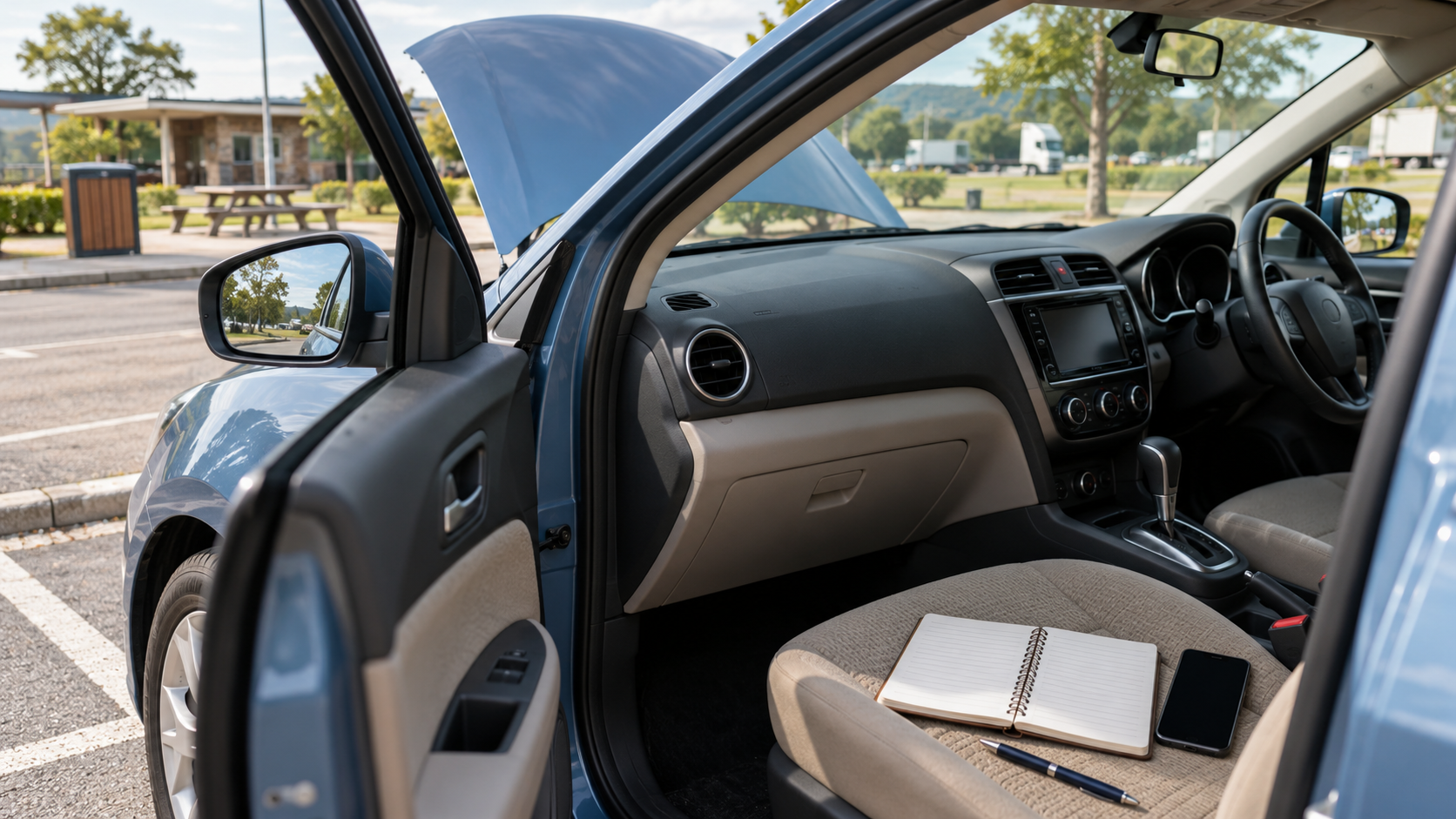 Parked car at a roadside service area with a blank notebook and pen ready for cost planning