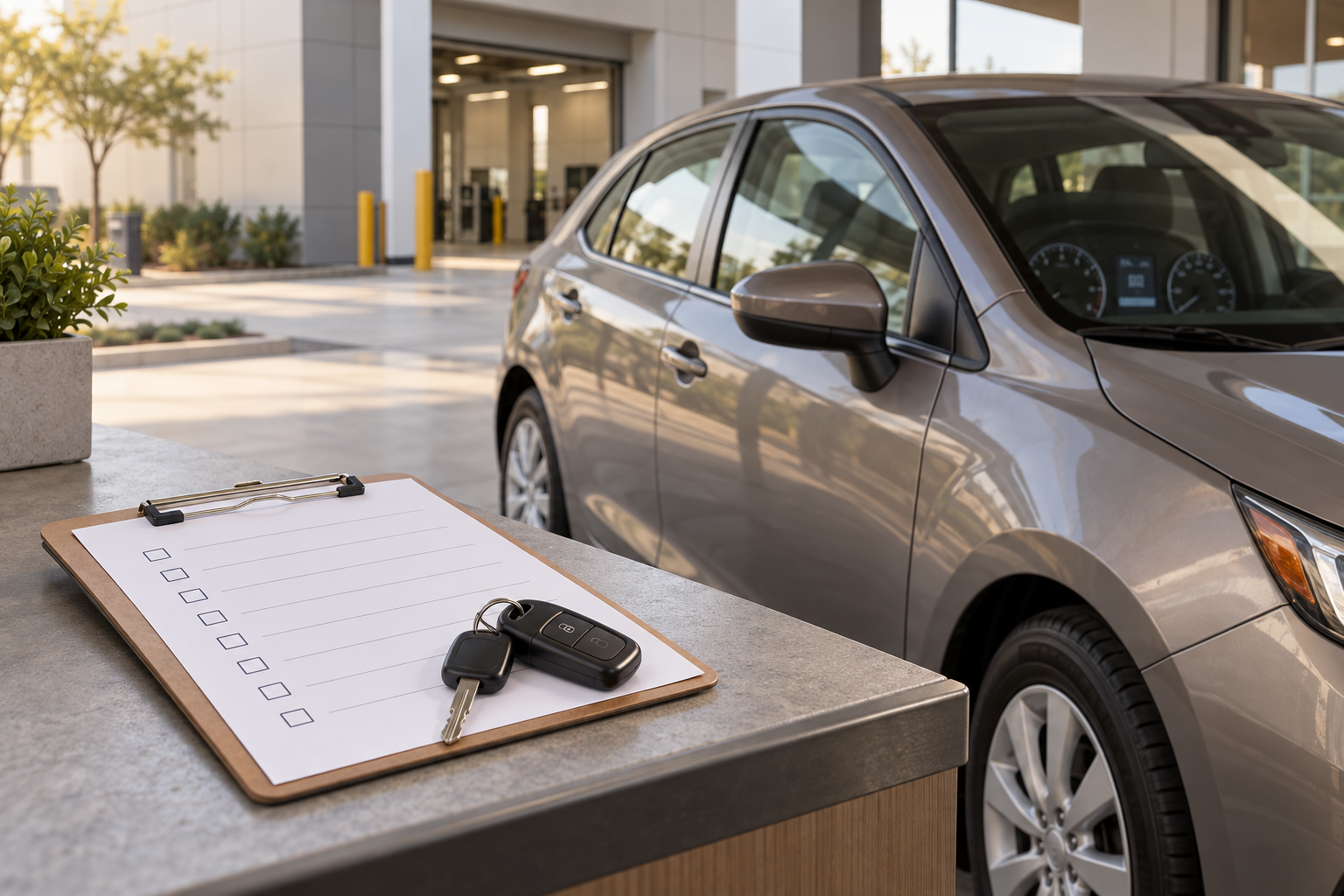 Car keys and a blank condition checklist on a clipboard beside an unbranded car at a return location