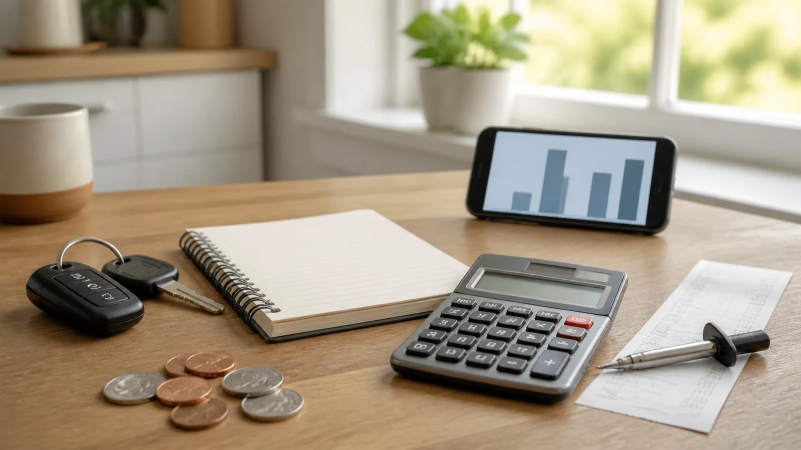 Car keys beside a notebook, calculator, coins, phone chart, and repair receipt on a bright desk