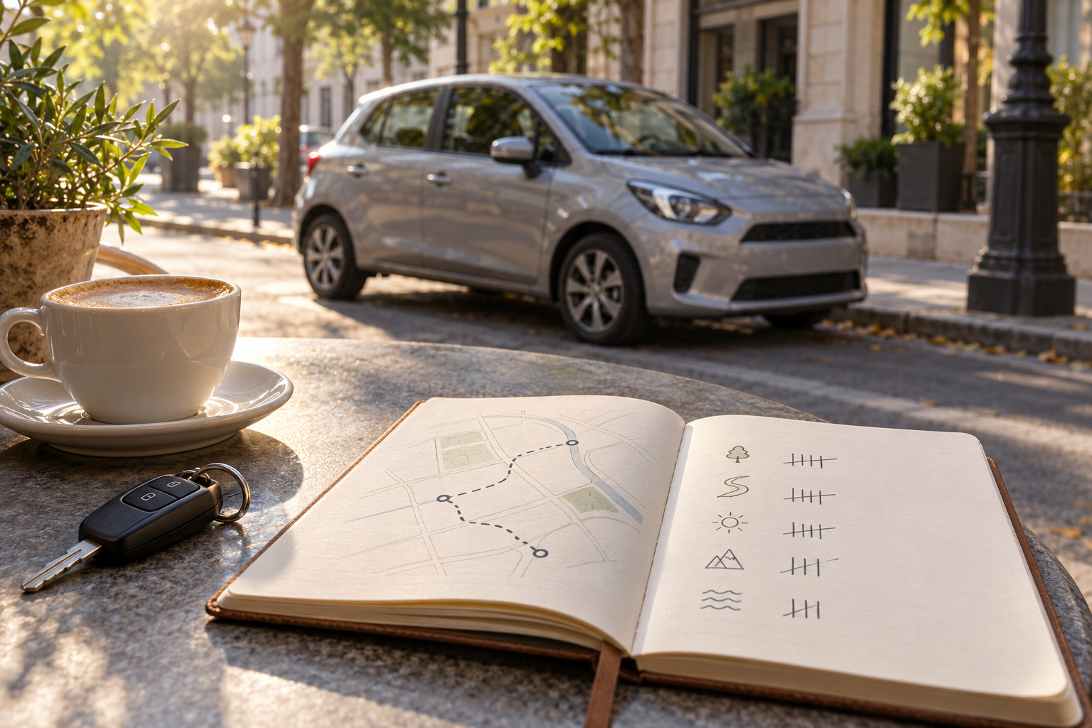 Shared compact car on a city street with a blank route-and-budget notebook and car key on a nearby table