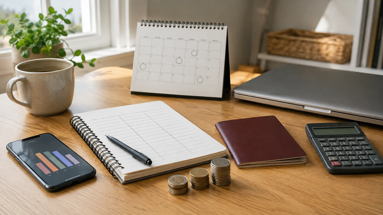 Notebook, calendar, calculator, closed laptop, phone spending chart, coins, mug, and travel booklet arranged on a bright home desk