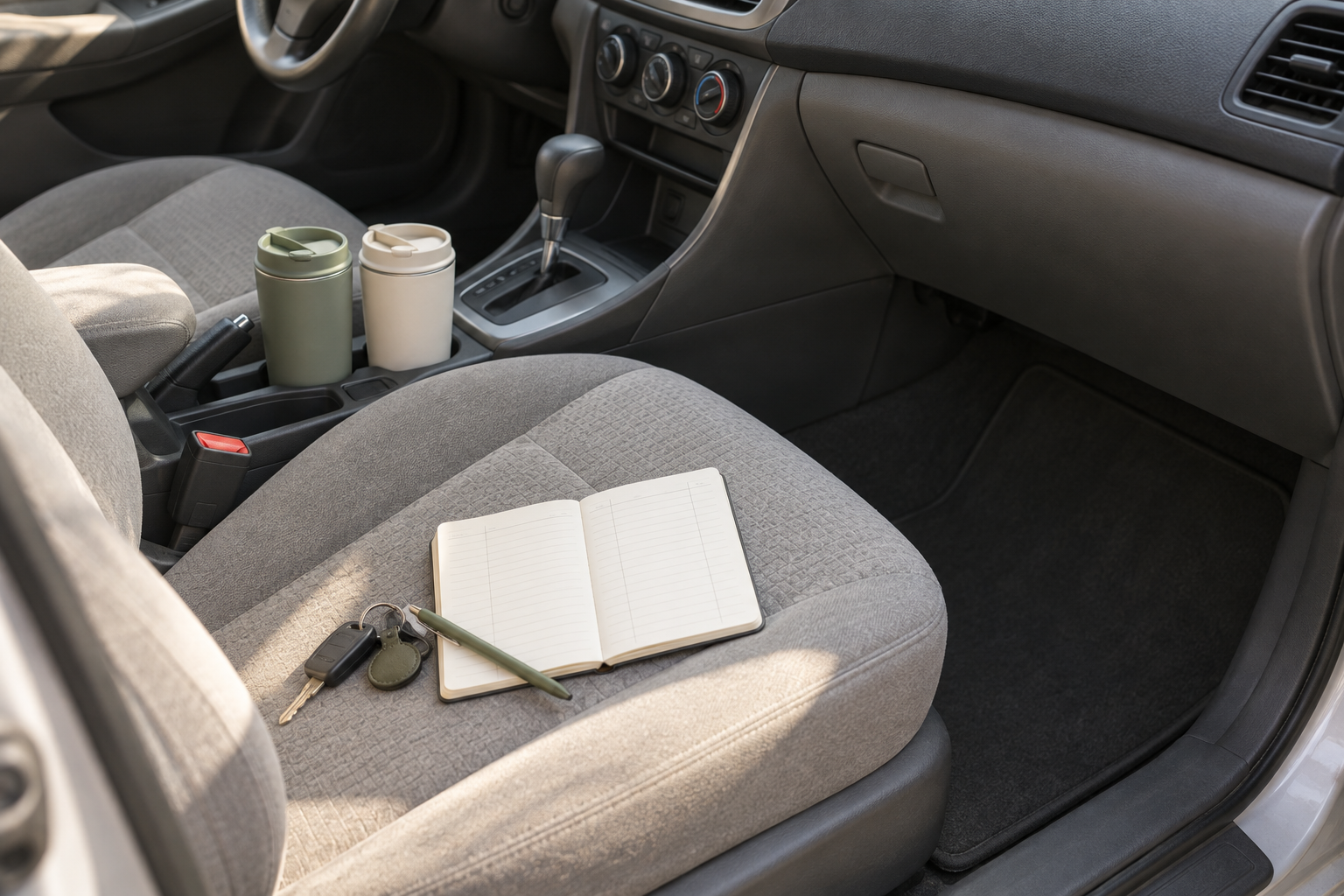 Two travel mugs, car keys, and a blank cost-sharing notebook inside a parked car in morning light