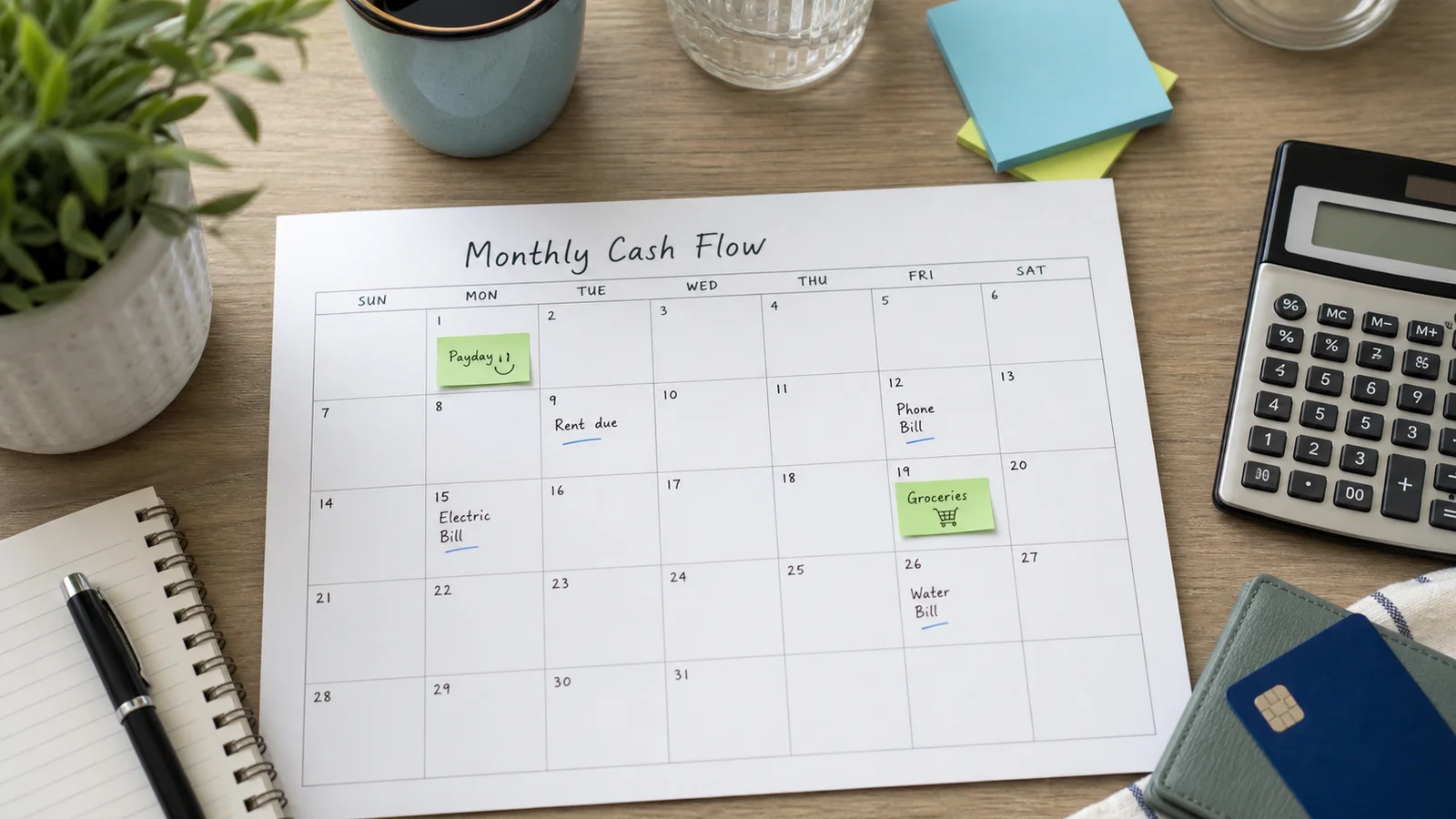 Monthly cash flow calendar with payday notes, bill reminders, calculator, and debit card on a tidy desk