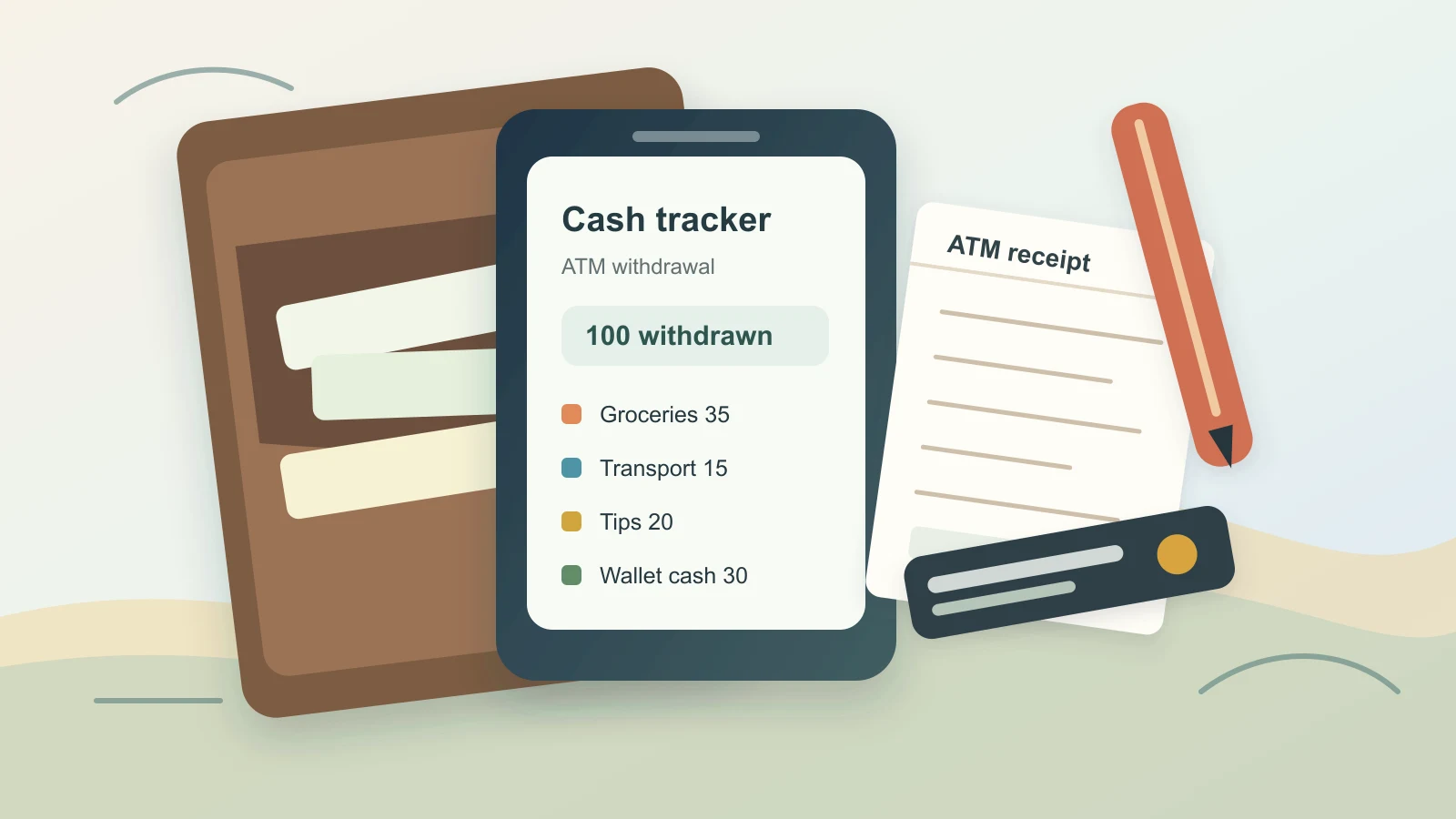Wallet with cash, ATM receipt, notebook, calculator, pen, and phone expense tracker arranged on a desk