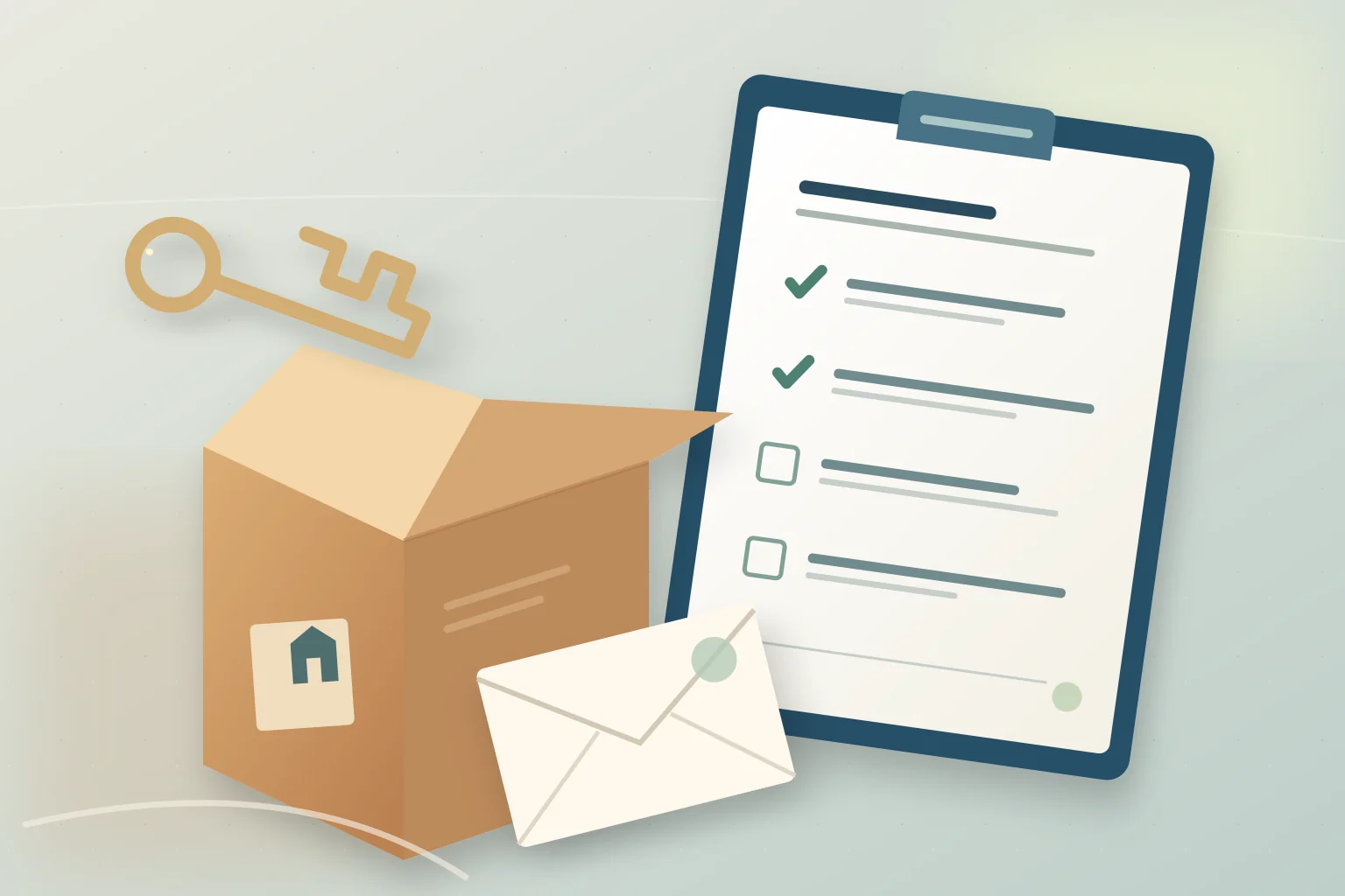 Illustration of a house key, moving box, envelope, and address checklist with two completed items