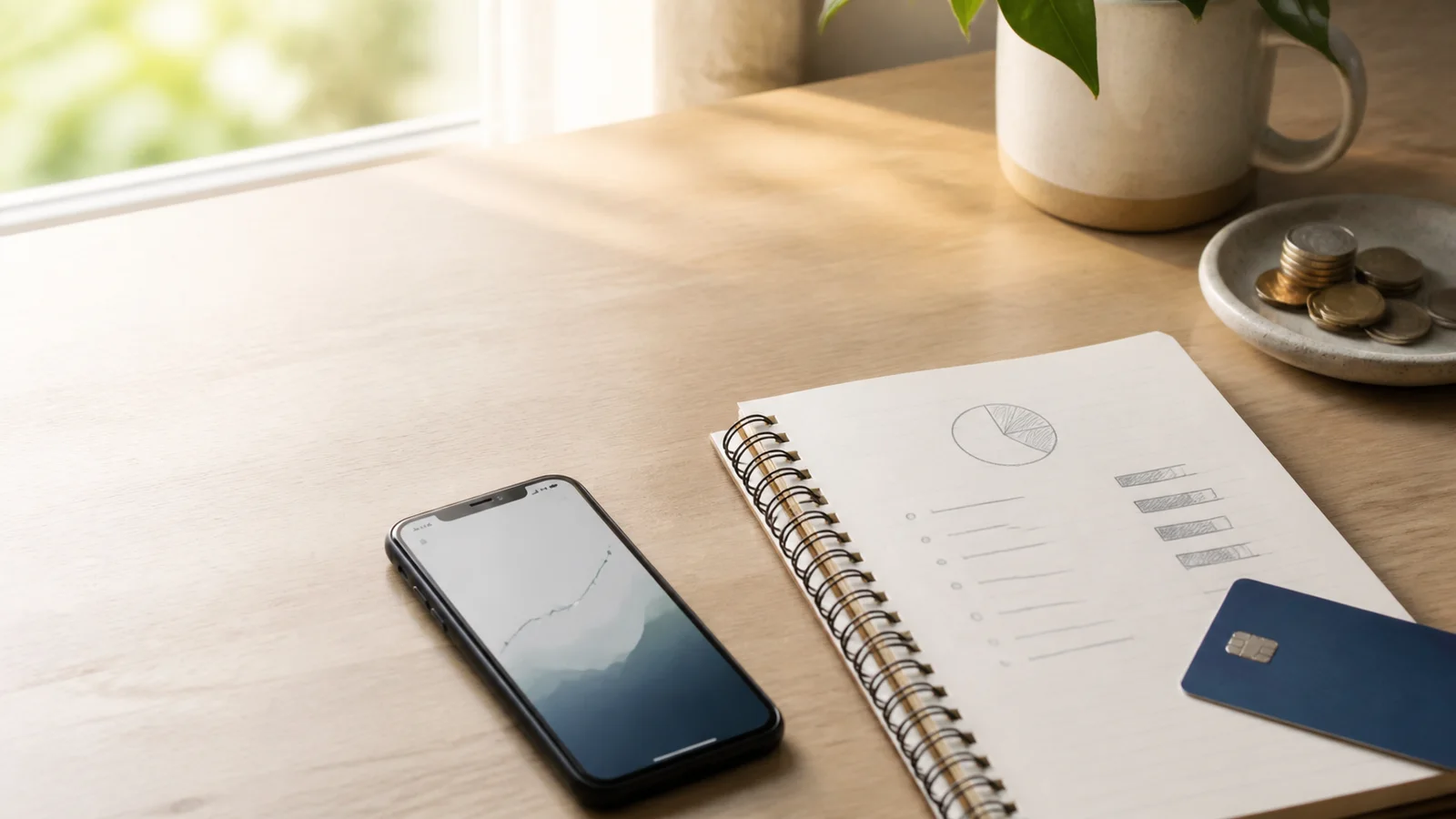 Notebook with budget notes, a debit card, a phone showing an abstract balance chart, and coins on a bright desk