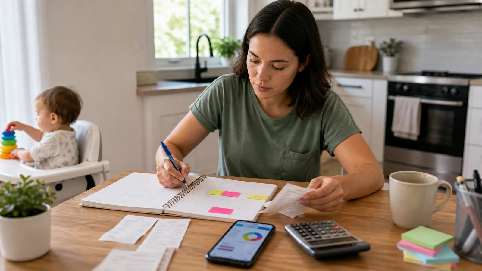 Parent reviewing a calendar, receipts, calculator, and budget app at a kitchen table while a young child plays nearby