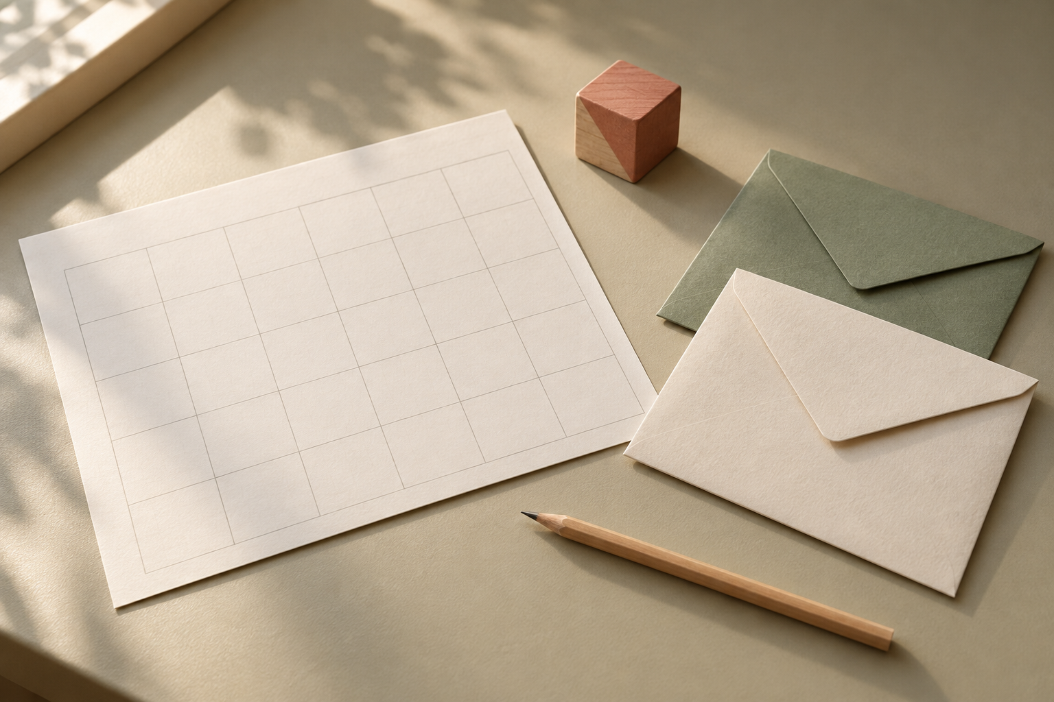 Paper calendar, pencil, toy block, and two plain envelopes arranged on a warm desk