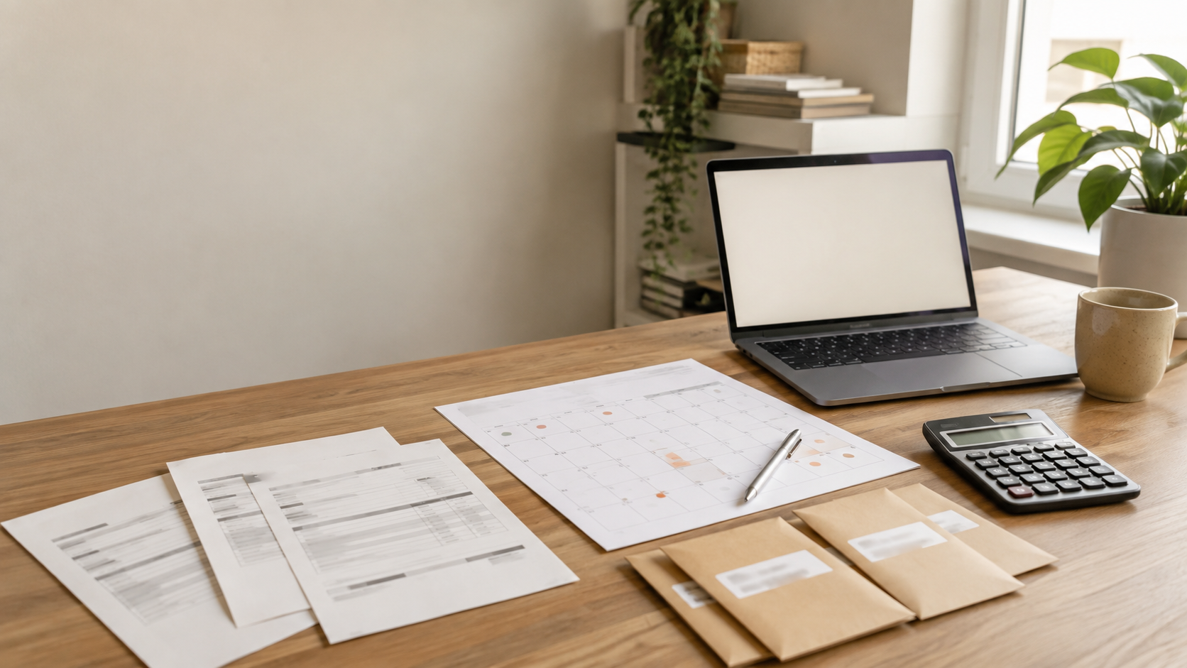 Desk with a laptop, invoices, calendar, calculator, and budgeting envelopes for tracking freelance client payments