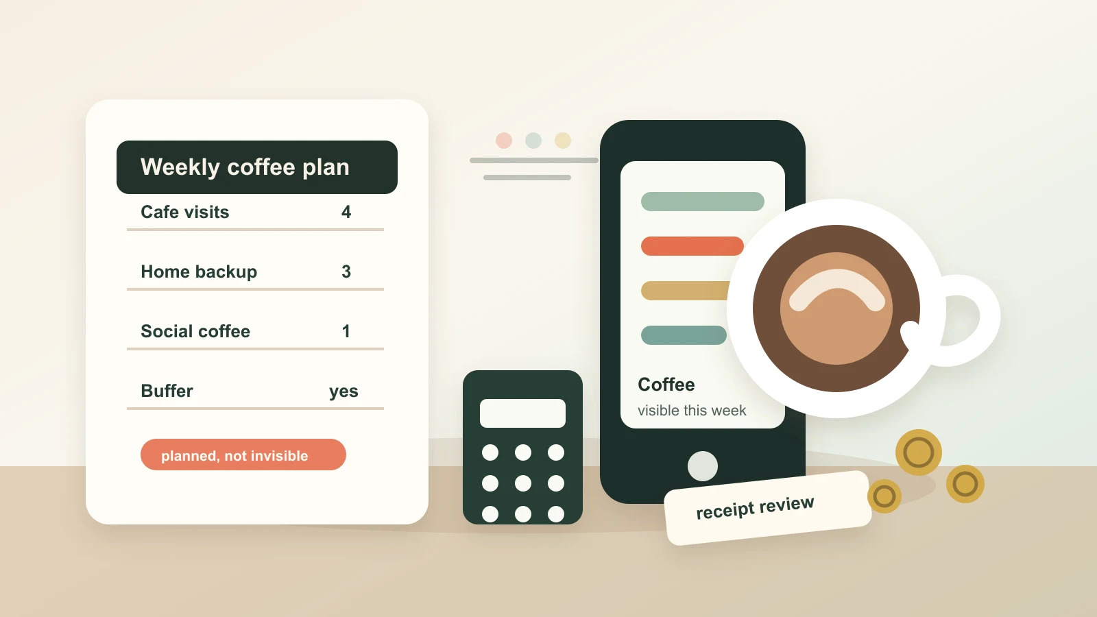 Cafe table with coffee cups, a small budget notebook, calculator, phone spending chart, coins, and a receipt