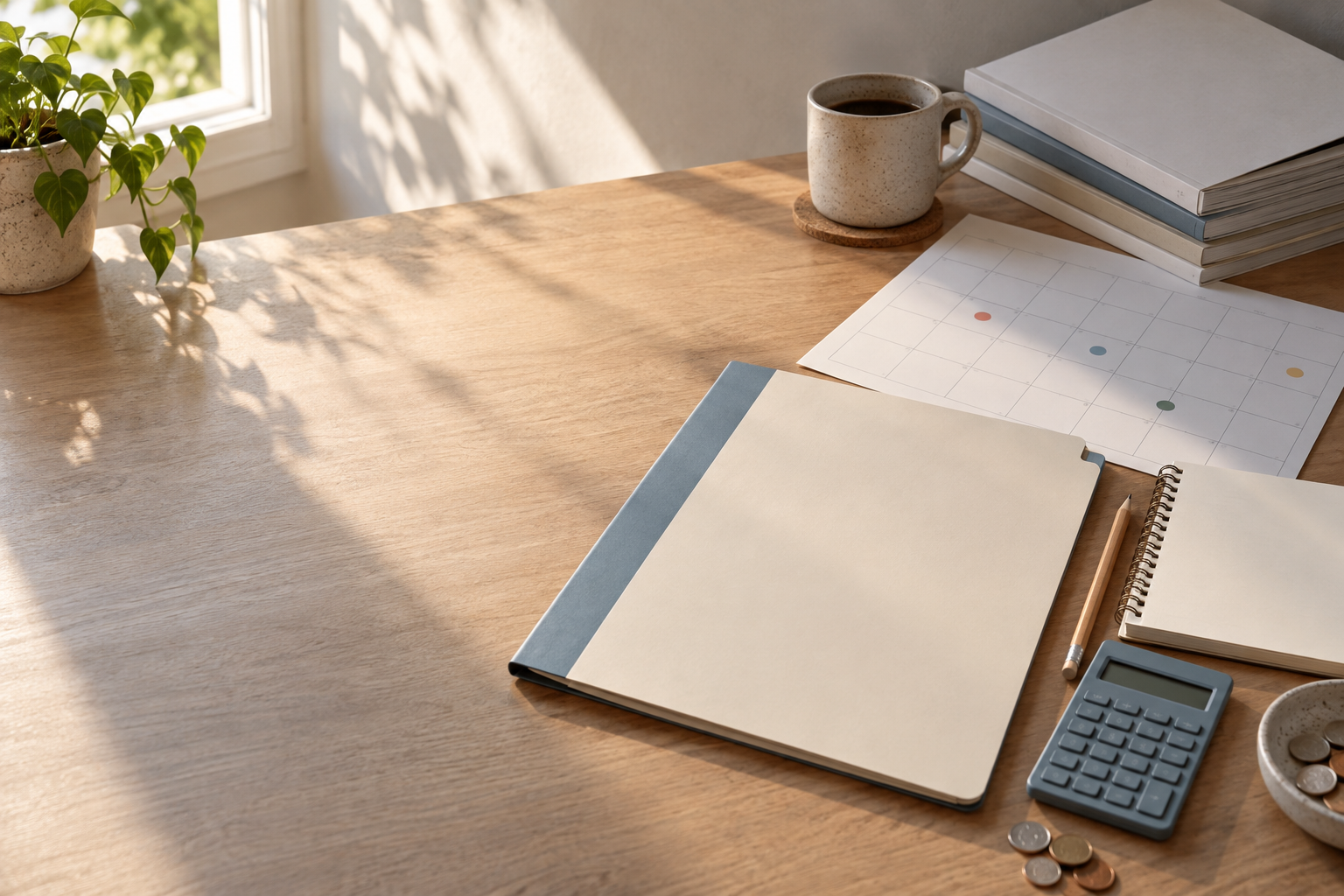 Blank application folder beside a calendar, notebook, calculator, and coins on a sunlit desk