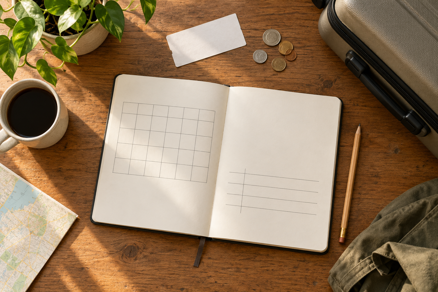 Student's open budget notebook and calendar beside a small suitcase, transit ticket, and coins on a desk