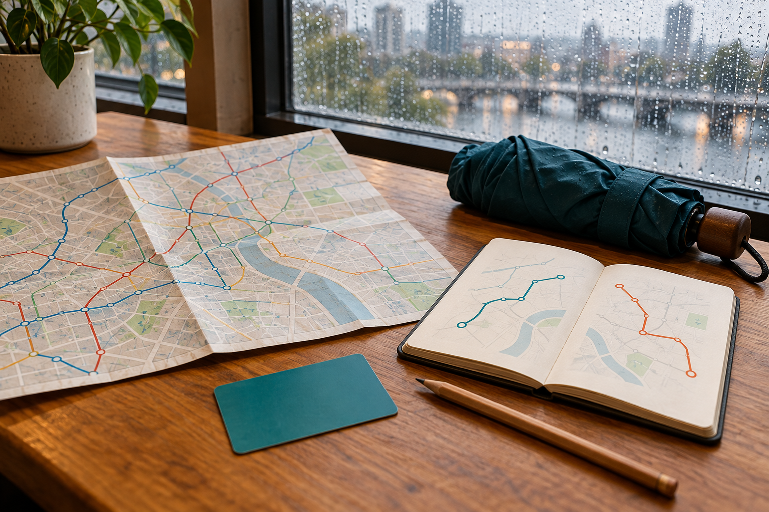 Transit card, unlabeled city map, notebook with two route sketches, pencil, and umbrella on a table beside a rainy window