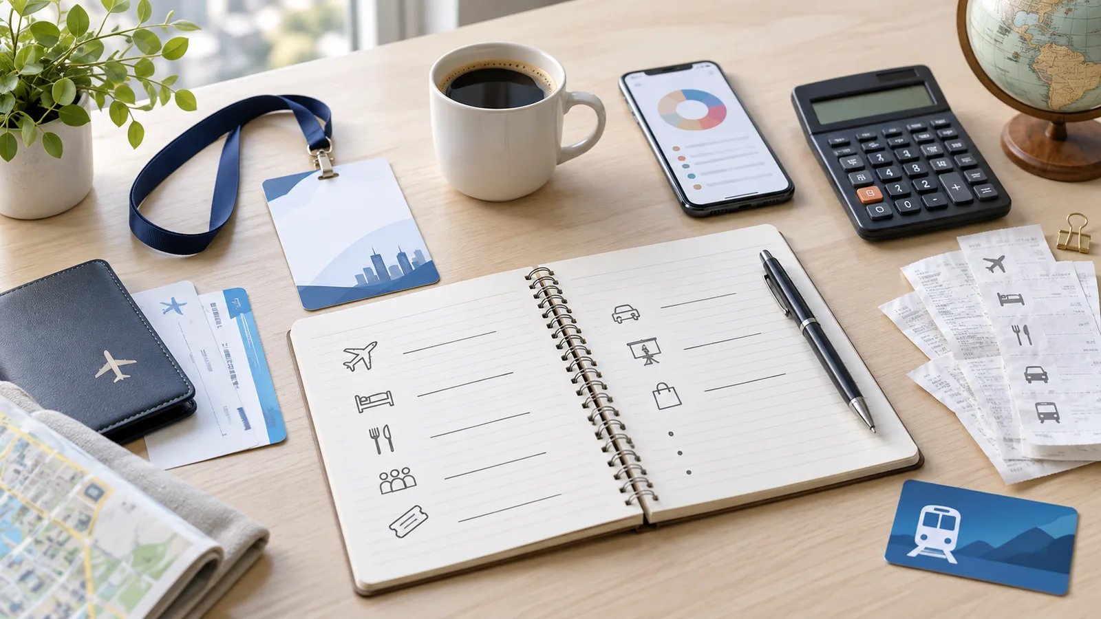 Conference badge, notebook budget list, calculator, phone spending chart, coffee, travel cards, and receipts arranged on a bright desk