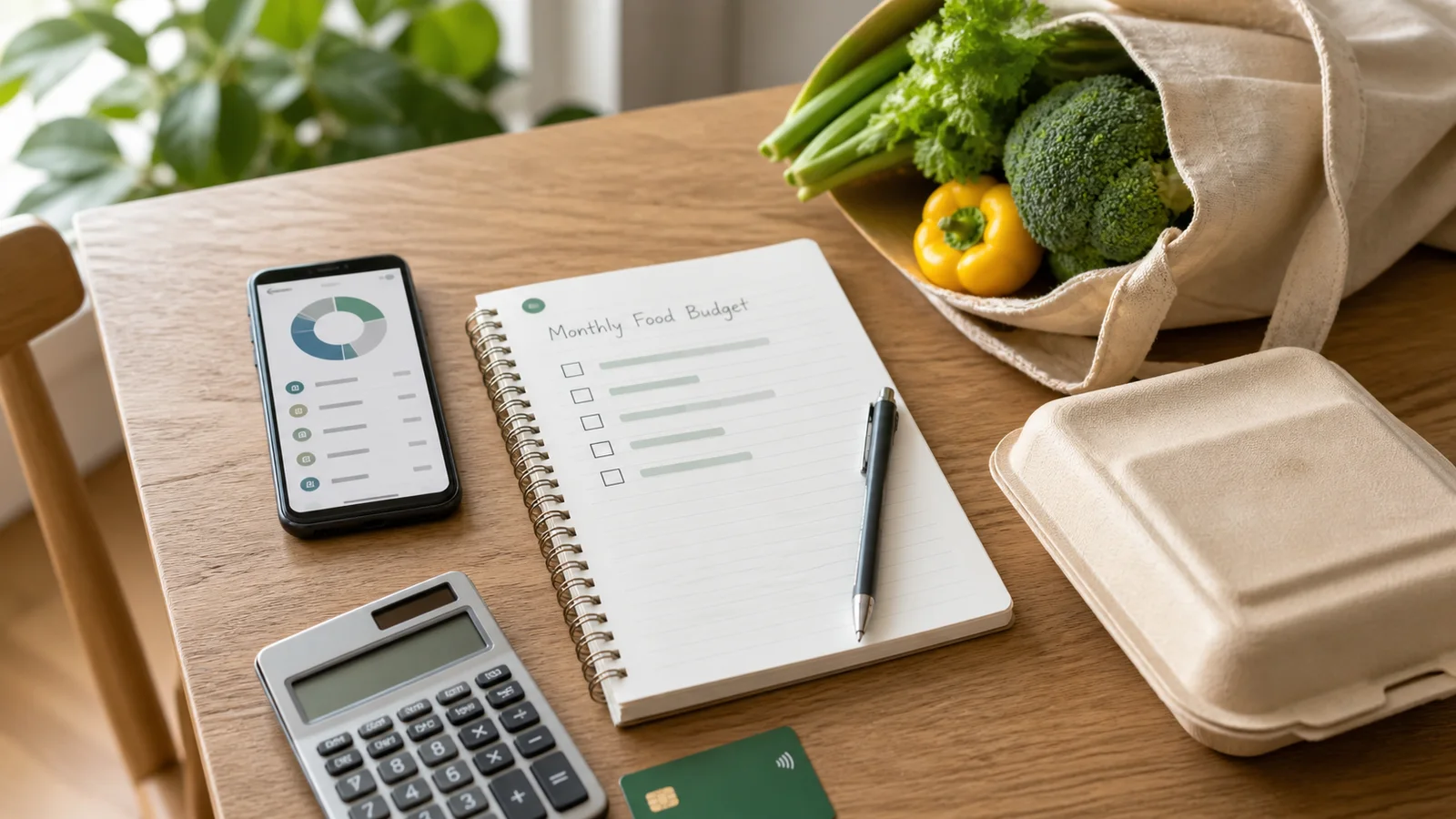 Kitchen table with a budget notebook, phone, reusable takeout container, groceries, calculator, and debit card